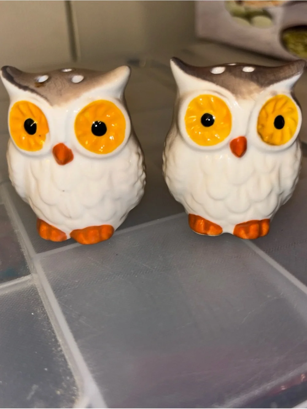Ceramic Owl Salt and Pepper Shakers - White and Orange